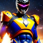 Futuristic orange and blue armored suit with glowing purple visor against starry sky