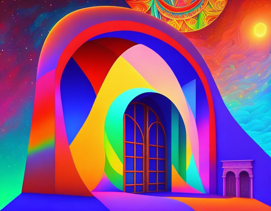 Colorful digital artwork of a psychedelic structure with rainbow archways and surreal sky