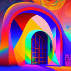 Colorful digital artwork of a psychedelic structure with rainbow archways and surreal sky