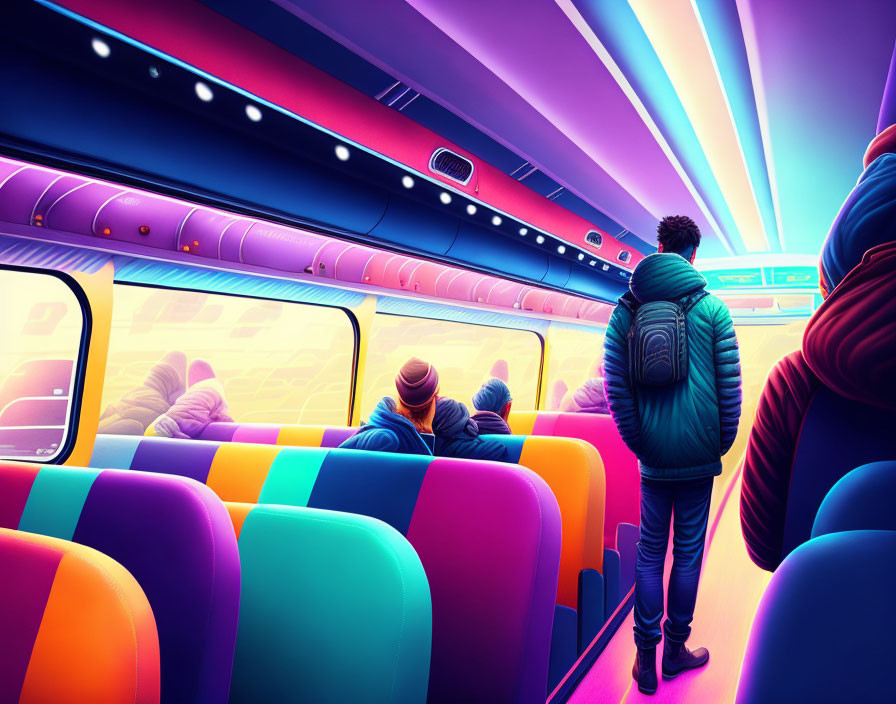 Passengers in futuristic bus with neon lights and vibrant seats.