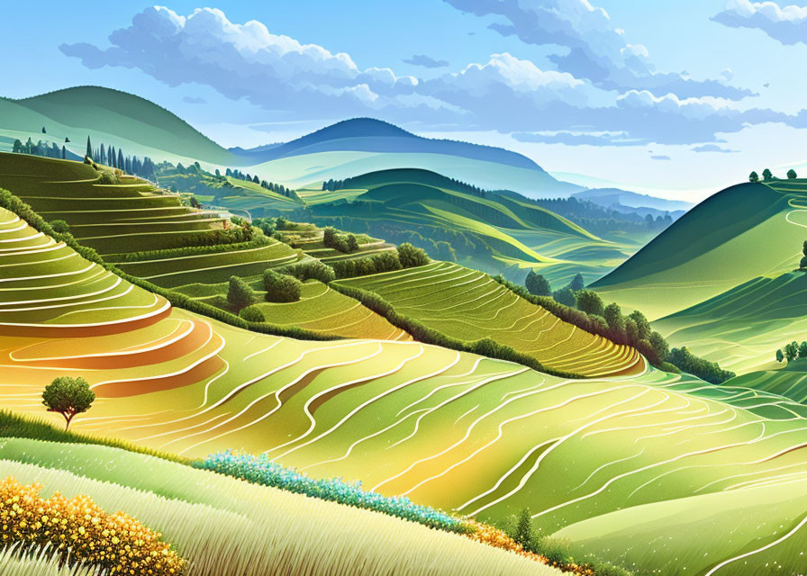 Colorful landscape illustration of rolling hills with fields, trees, and terraced landscapes under a clear sky