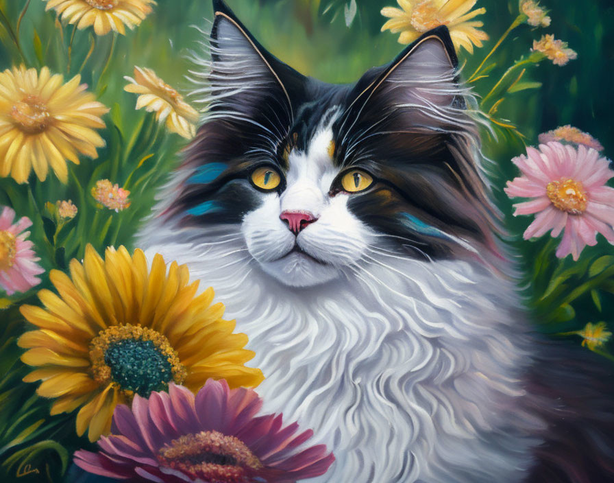 Realistic painting of long-haired black and white cat with green eyes in vibrant floral setting