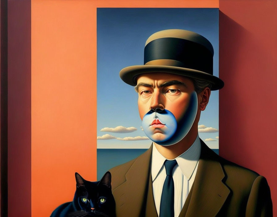 Man with Bowler Hat and Blue Face Split in Half Against Ocean Backdrop with Black Cat