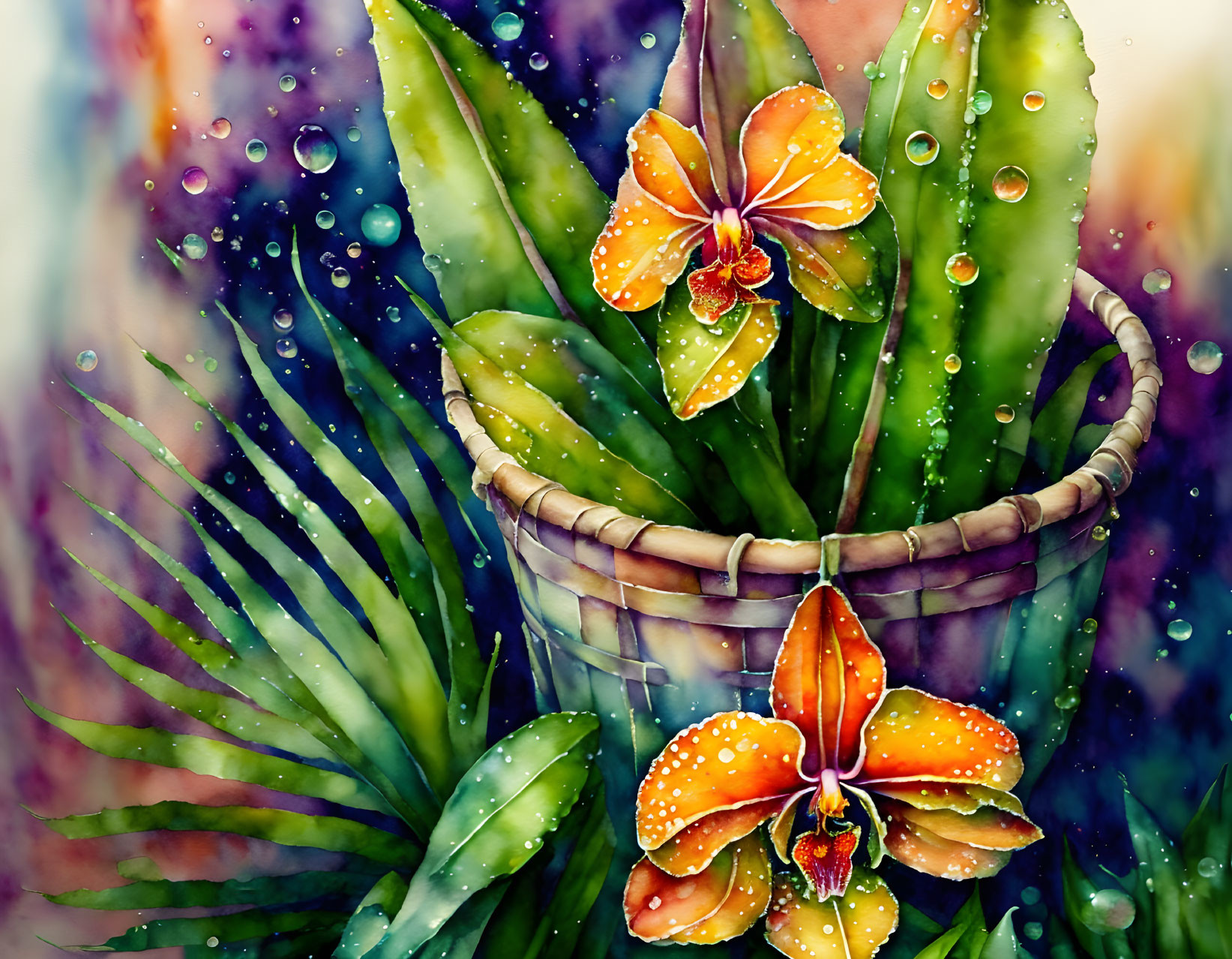 Colorful Watercolor Painting of Orange Orchids in Woven Basket
