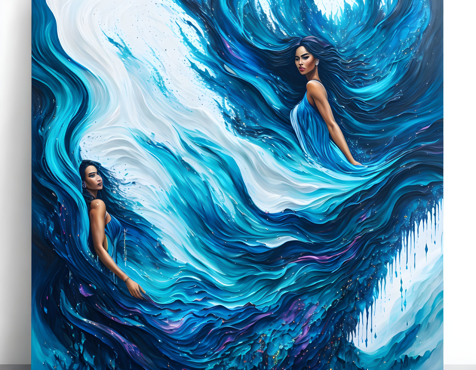 Abstract Painting: Two Women with Flowing Hair and Ocean Waves