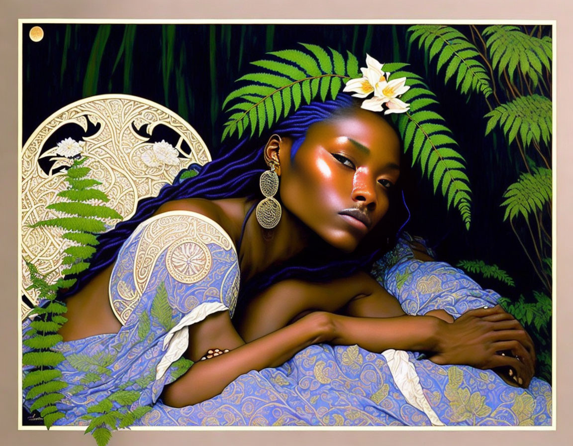 Dark-skinned woman with floral hair accessory and intricate body patterns against lush ferns and golden backdrop.