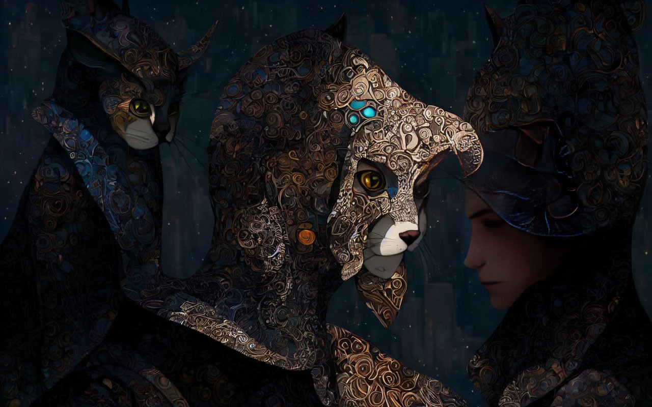Digital Artwork: Ornate Metallic Felines with Human in Decorative Motif