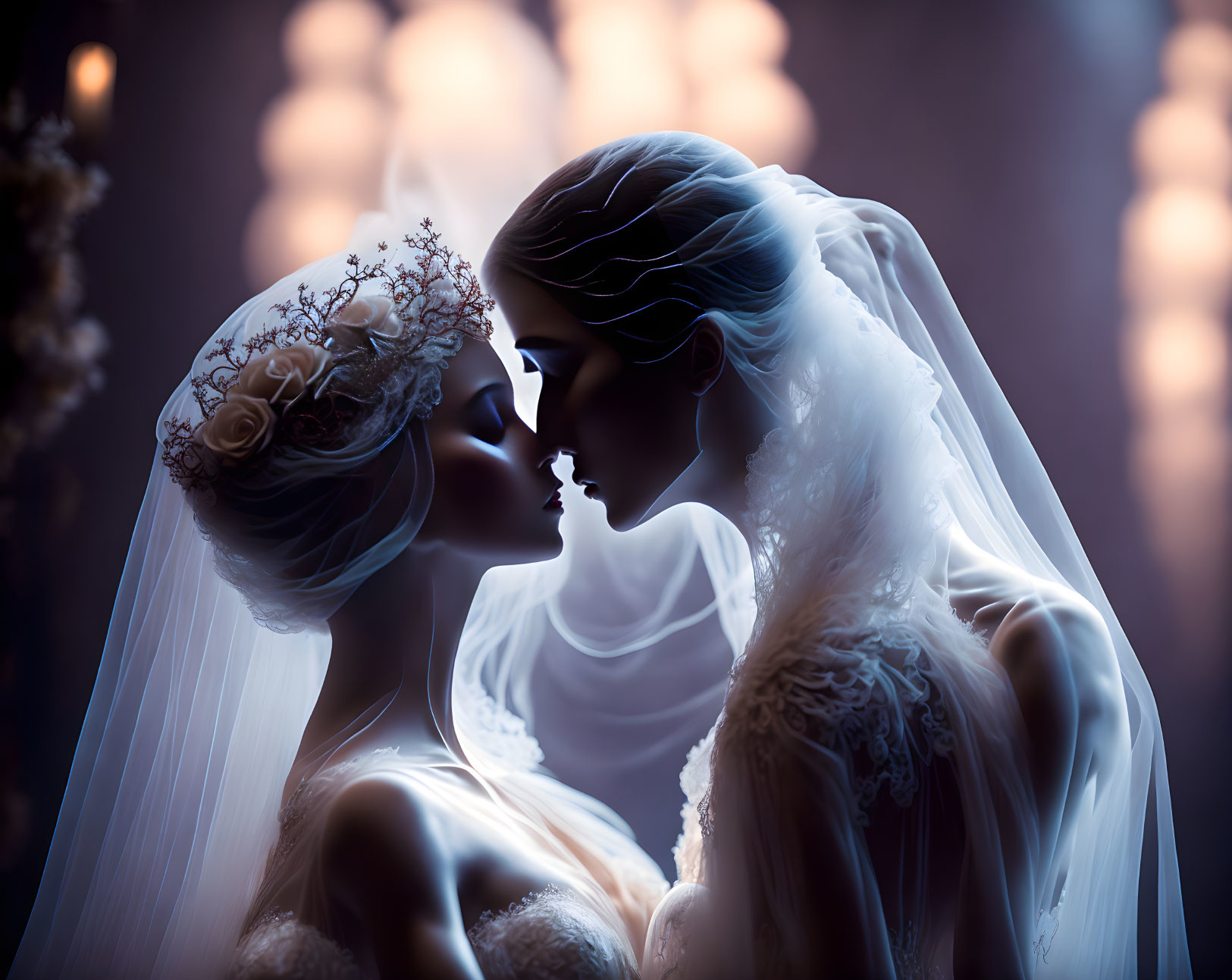 Intimate portrait of two brides with elegant veils and floral headpieces
