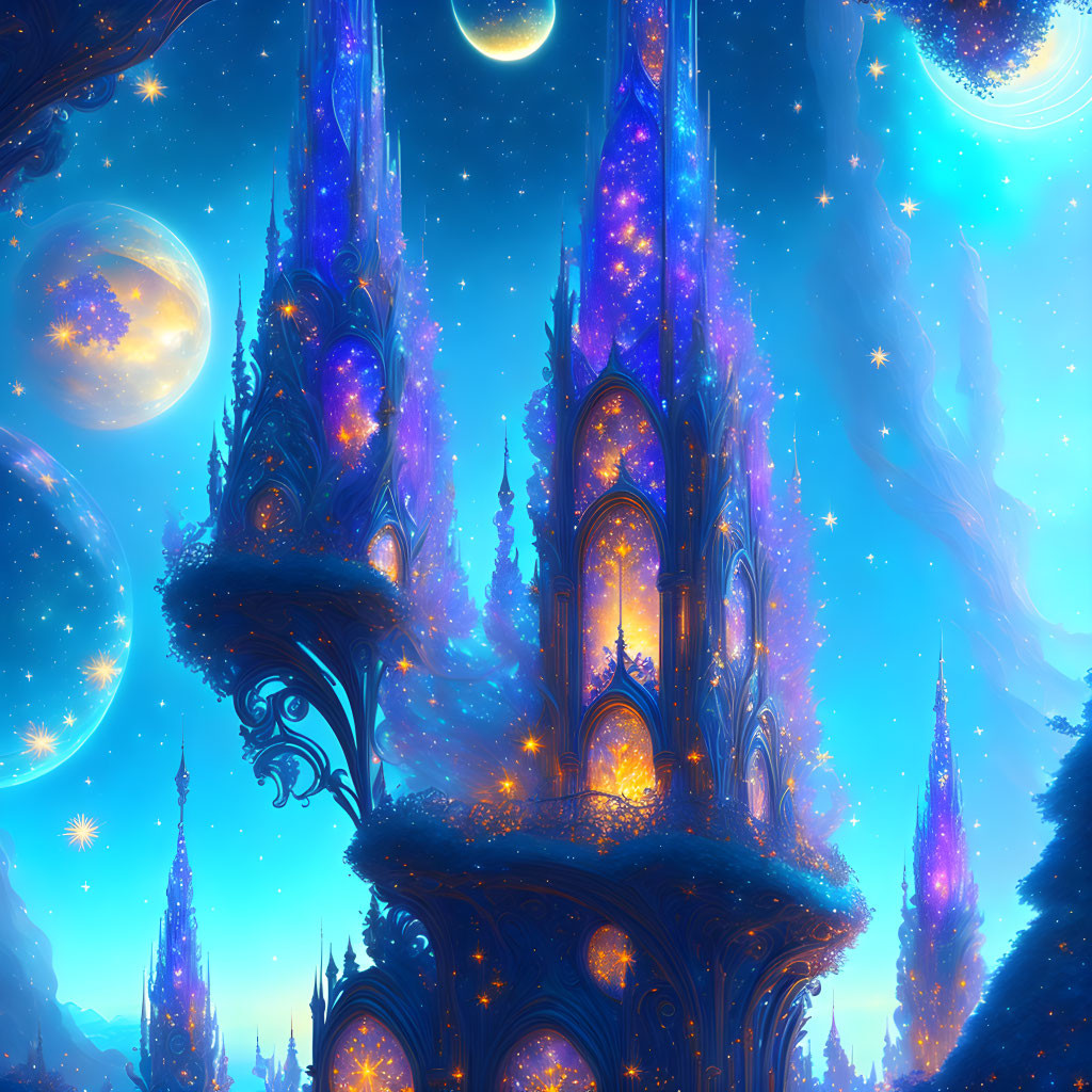 Fantastical landscape with celestial-inspired towers under starry sky