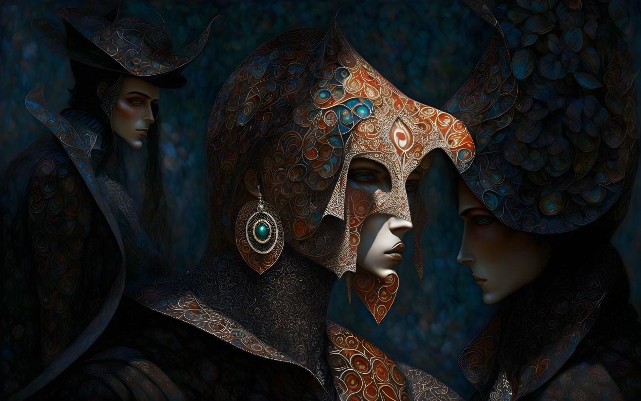 Three figures in intricate metallic masks and costumes against a dark backdrop