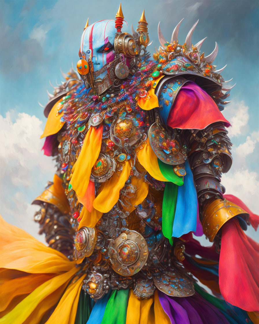 Colorful Warrior in Ornate Armor Against Cloudy Sky