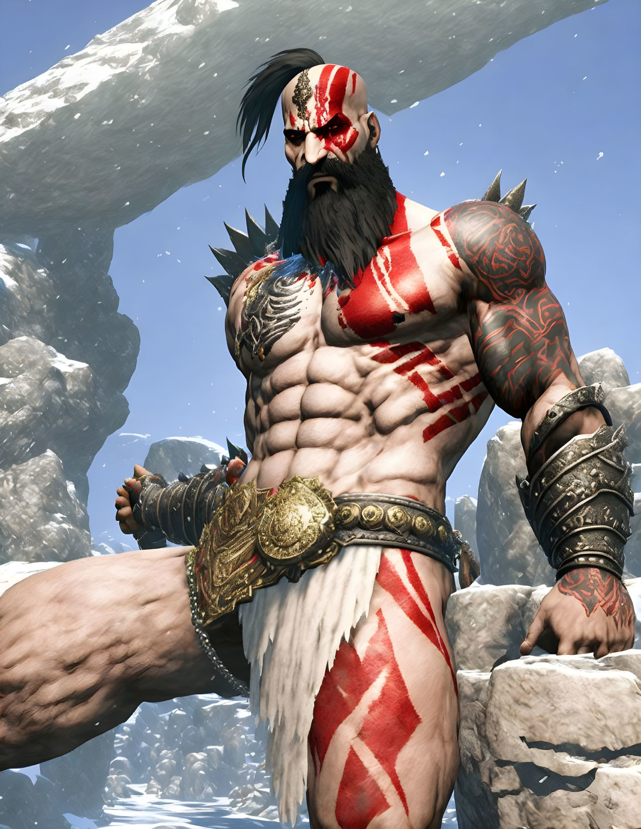 Muscular bearded character with face paint and tattoos in snowy setting
