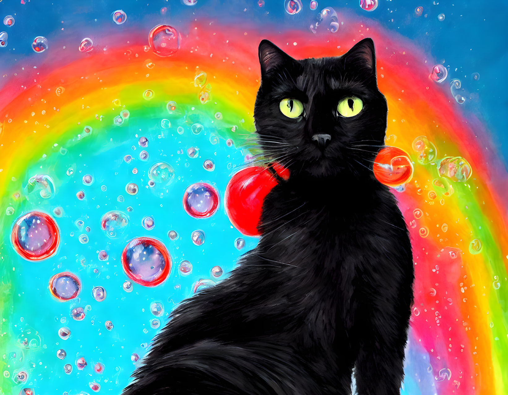 Black cat with green eyes in front of vibrant rainbow and bubbles