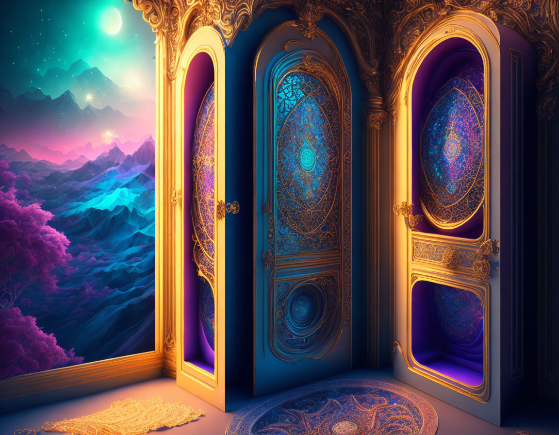 Ornate doors reveal fantasy landscape with mountains, stars, vibrant sky, purple foliage, and intricate