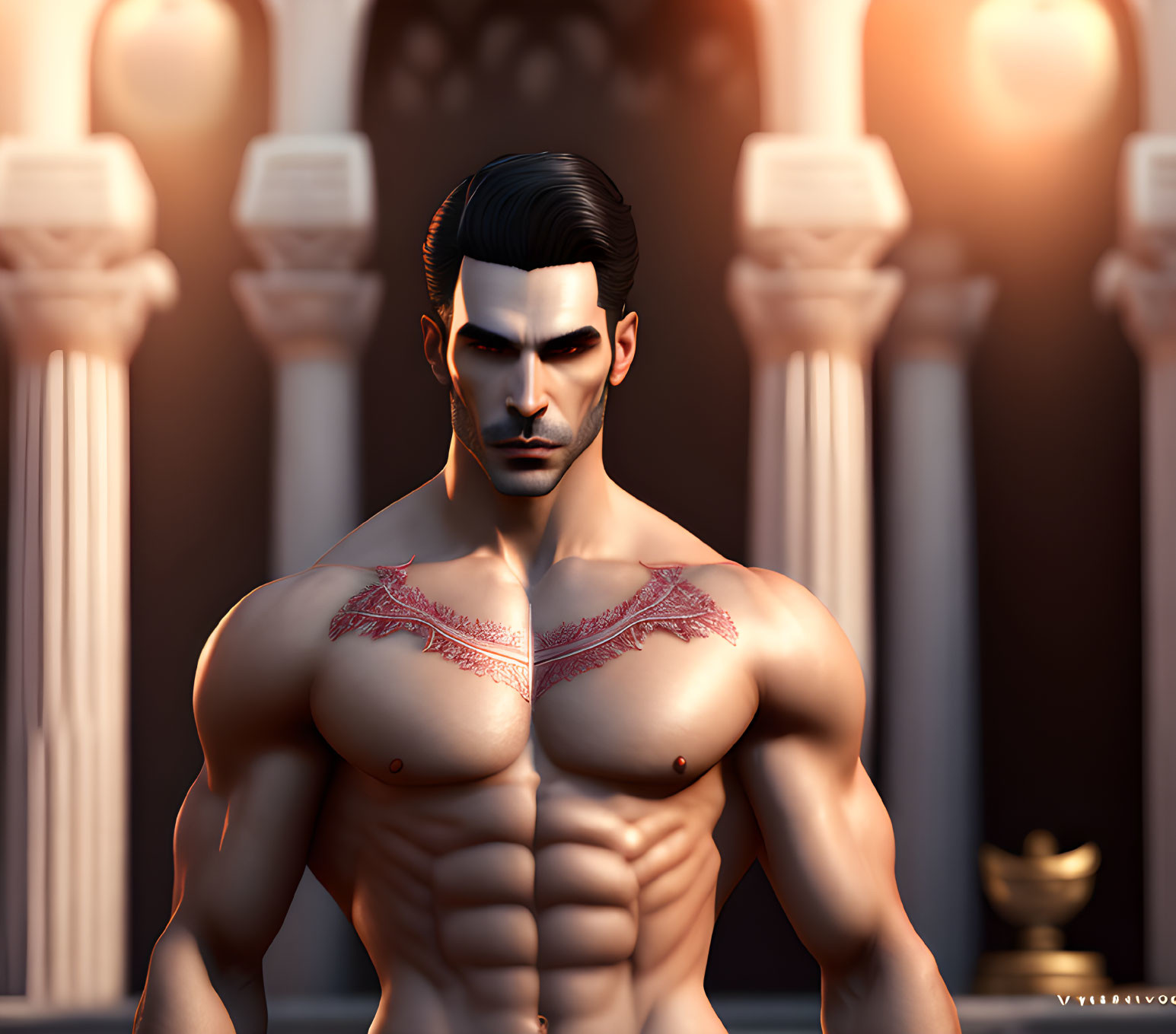 Muscular shirtless male character with red tattoos in front of classical columns
