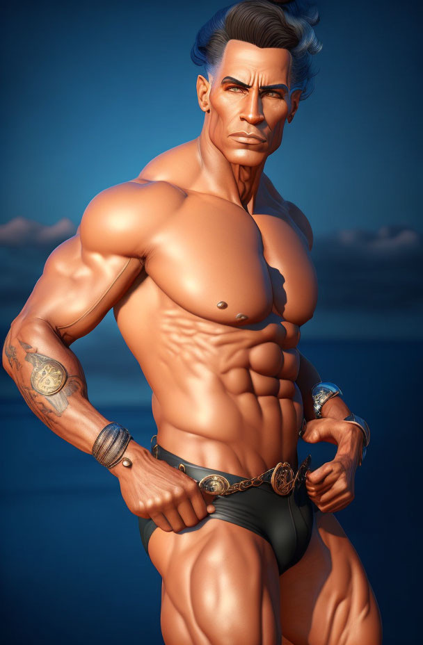 Muscular Male Figure with Tattoos in 3D Illustration