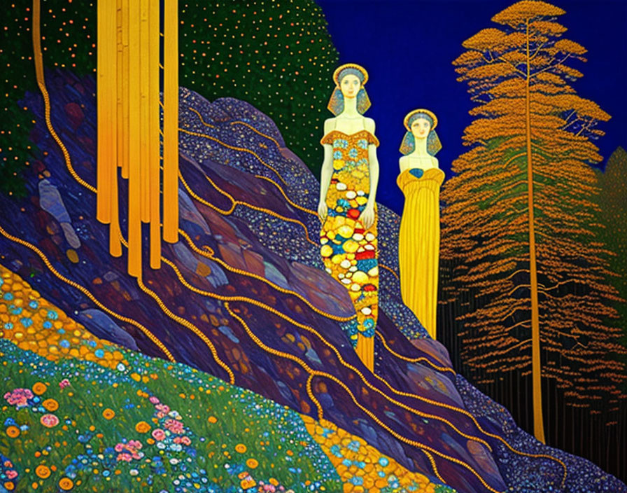 Elongated female figures on colorful flowery hill under starry sky