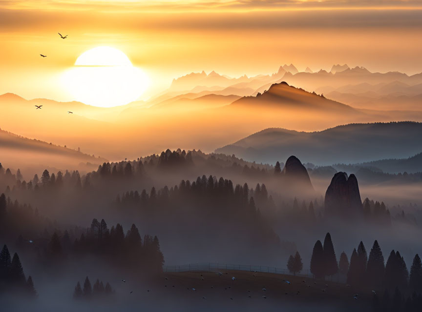 Misty Mountain Sunrise with Silhouetted Birds and Hills