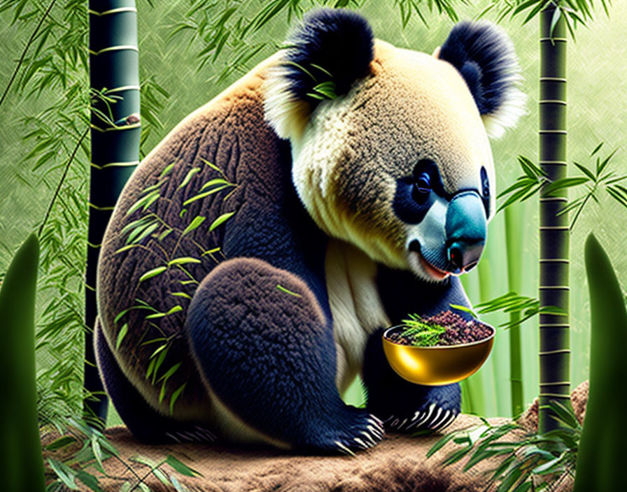 Stylized illustration of panda in bamboo eating from bowl