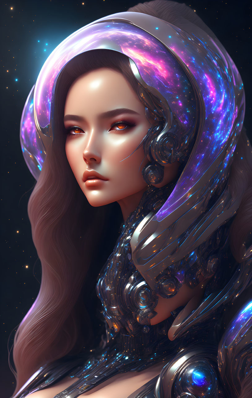 Woman with Galaxy-Themed Hair in Futuristic Armor on Starry Background