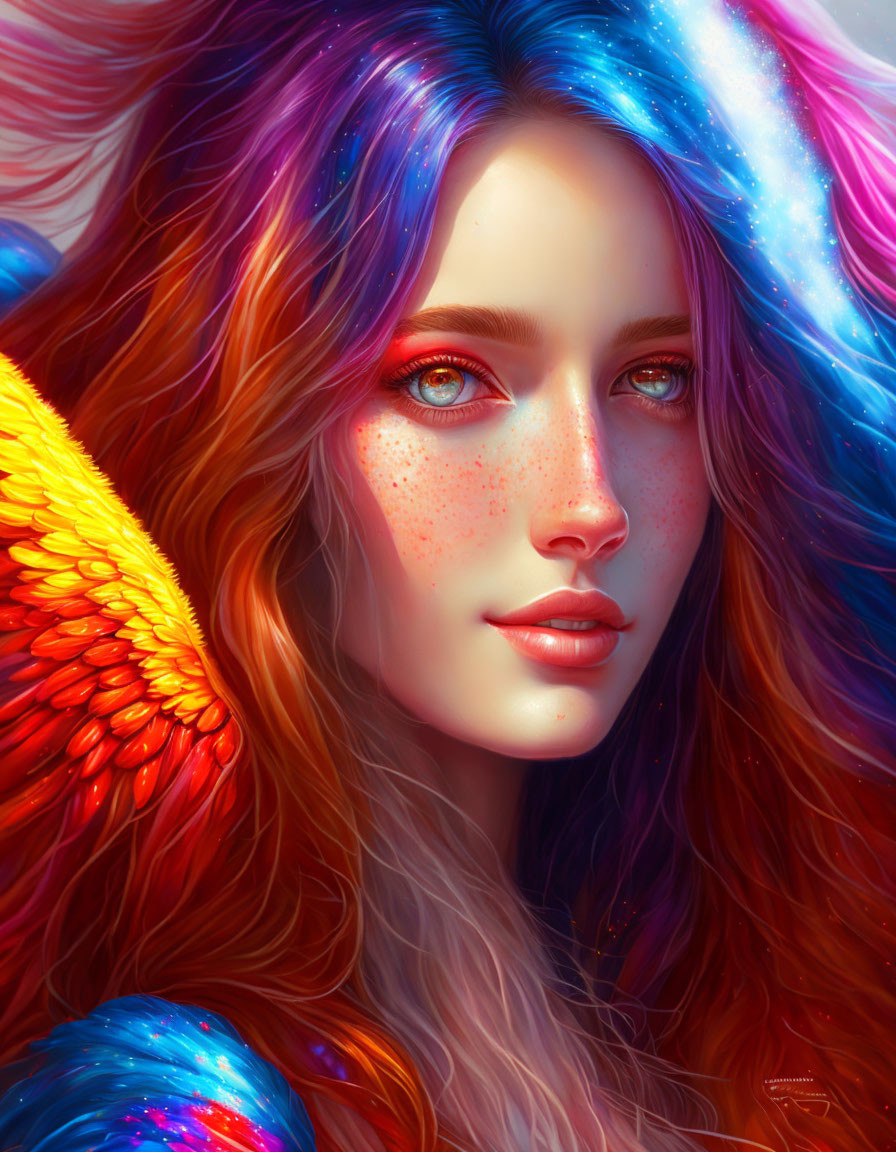 Colorful portrait of a woman with vibrant rainbow hair and feathers in red, blue, and orange hues