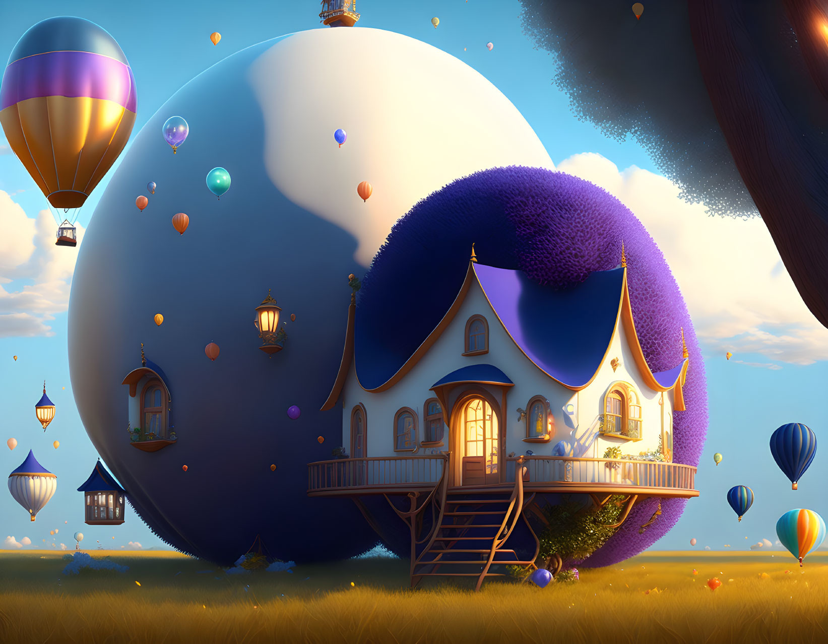 Whimsical purple-roofed house on orb in fantasy landscape