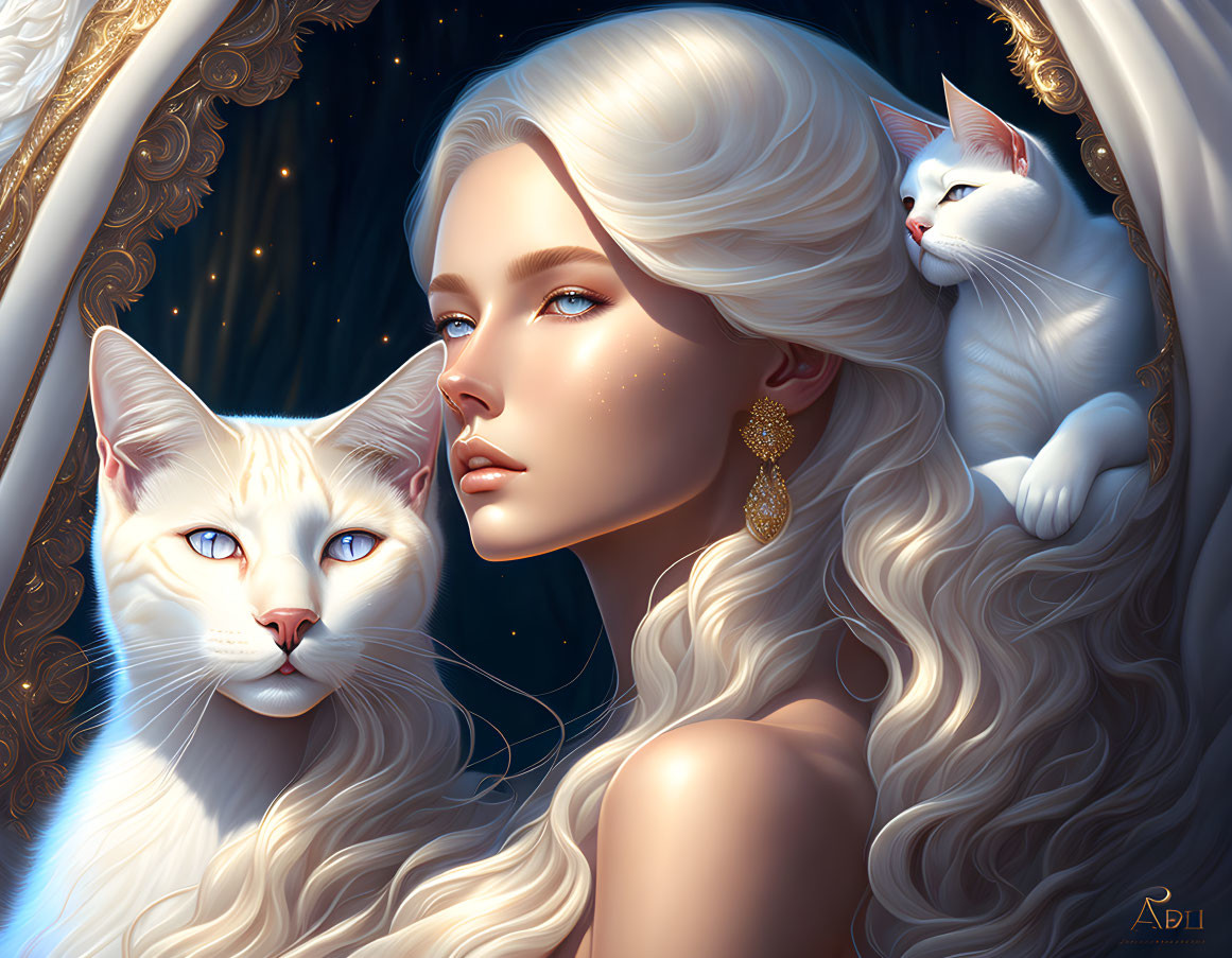 Blonde woman with two white cats in starry setting and gold earrings