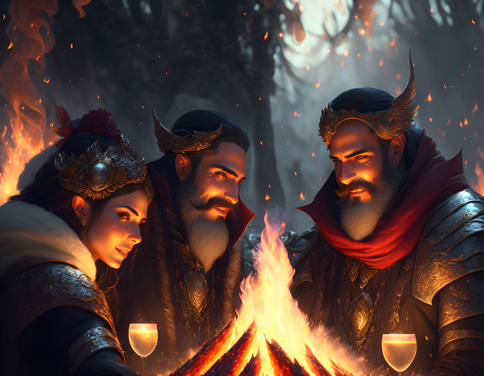 Three individuals in ornate armor around a glowing campfire