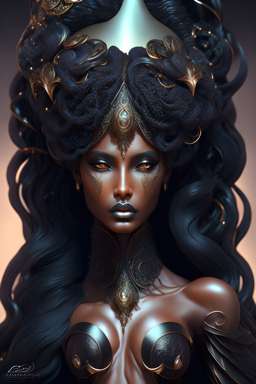 Digital artwork of woman with dark skin and golden accessories on warm background