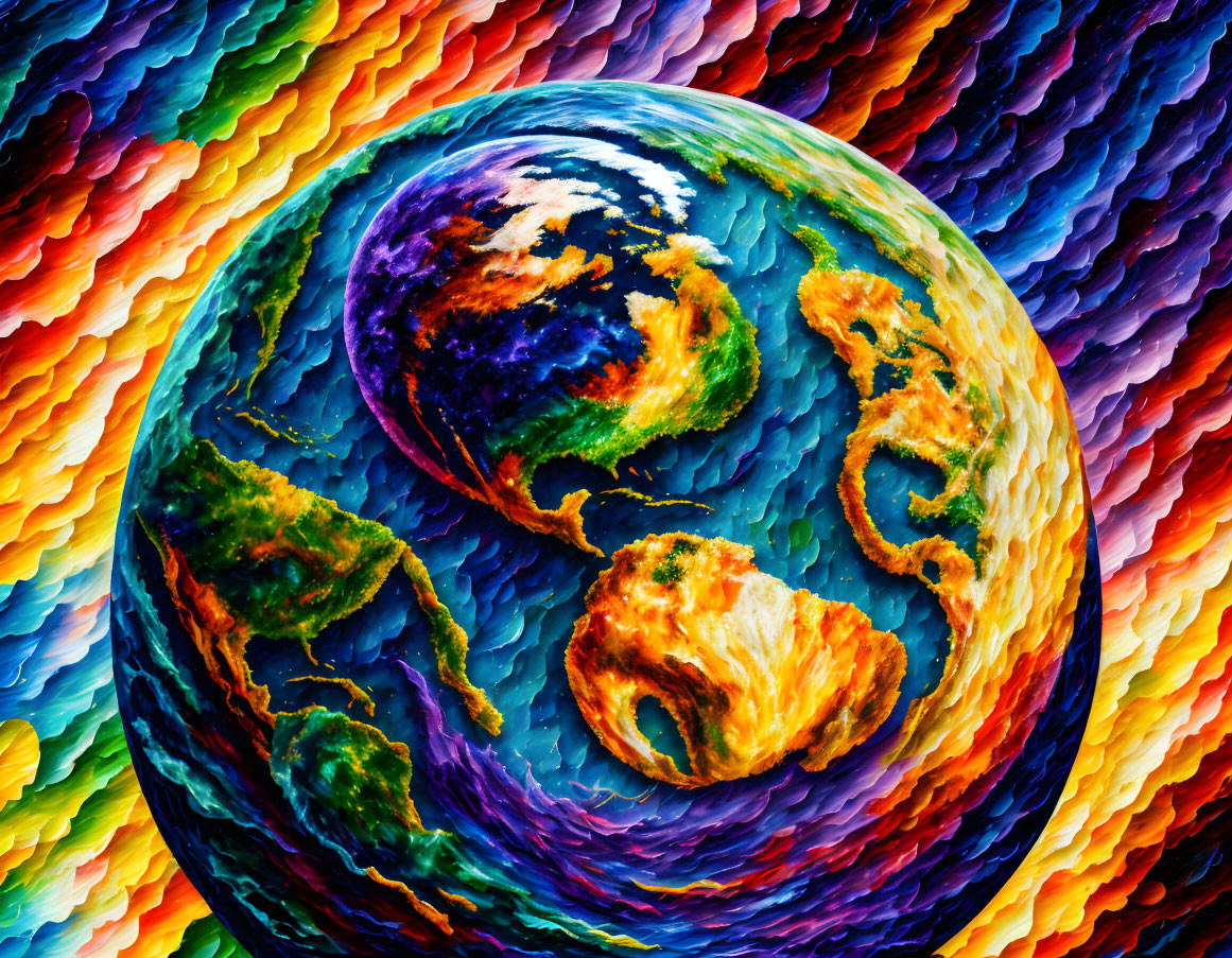 Colorful Psychedelic Earth Artwork with Abstract Wavy Patterns