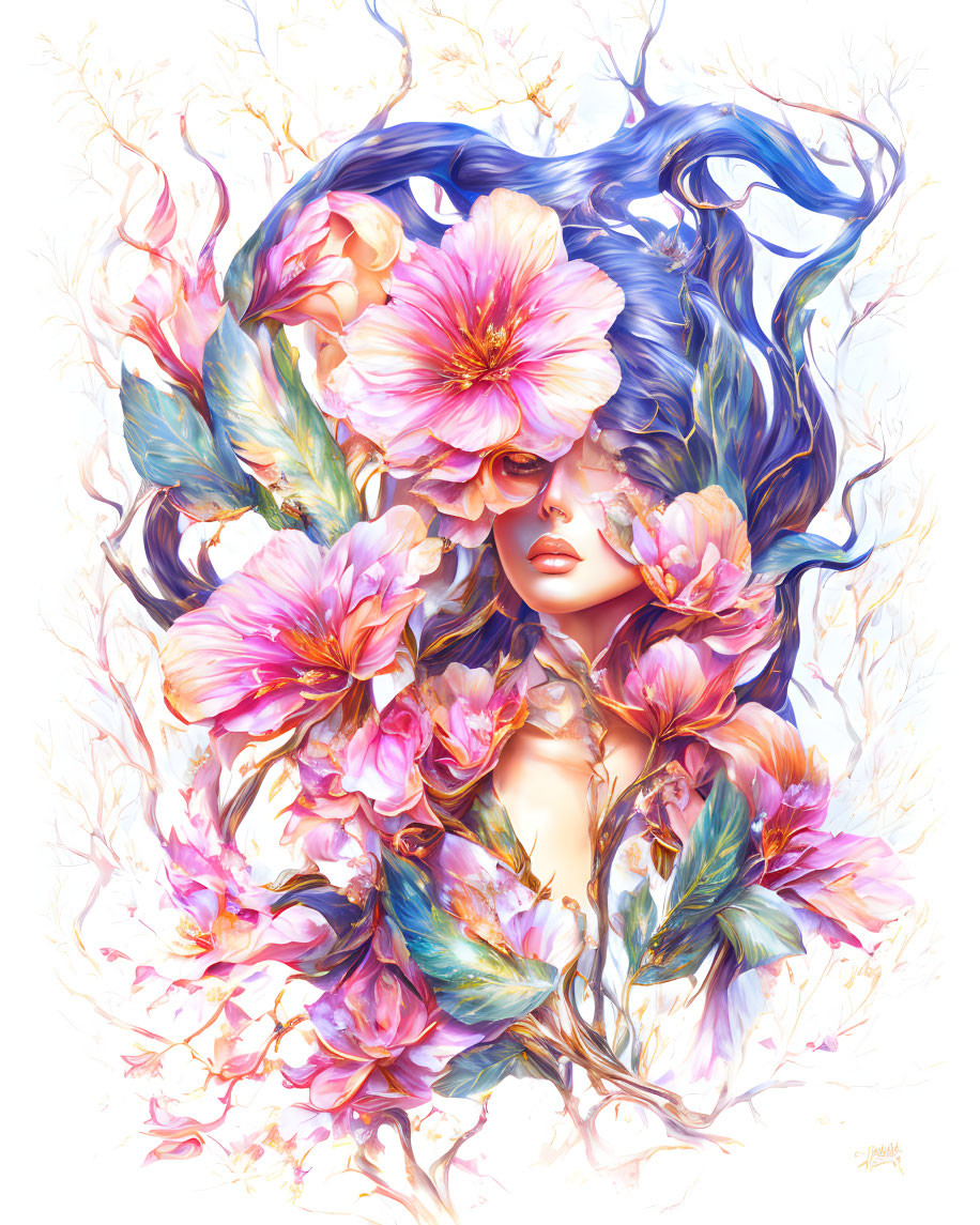 Fantasy-themed artwork: Woman with blue hair among pink flowers