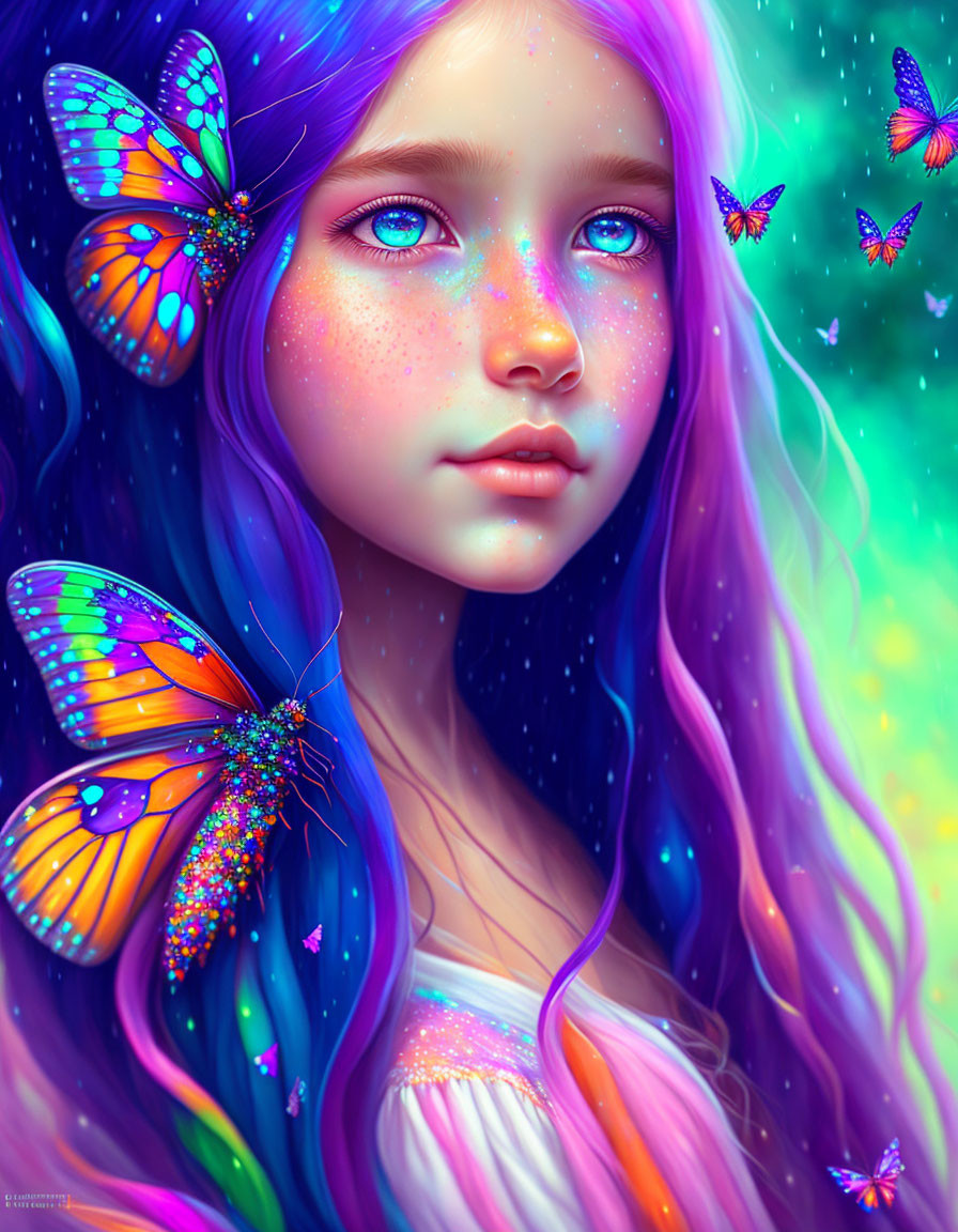 Colorful girl portrait with multicolored hair and butterflies on teal background
