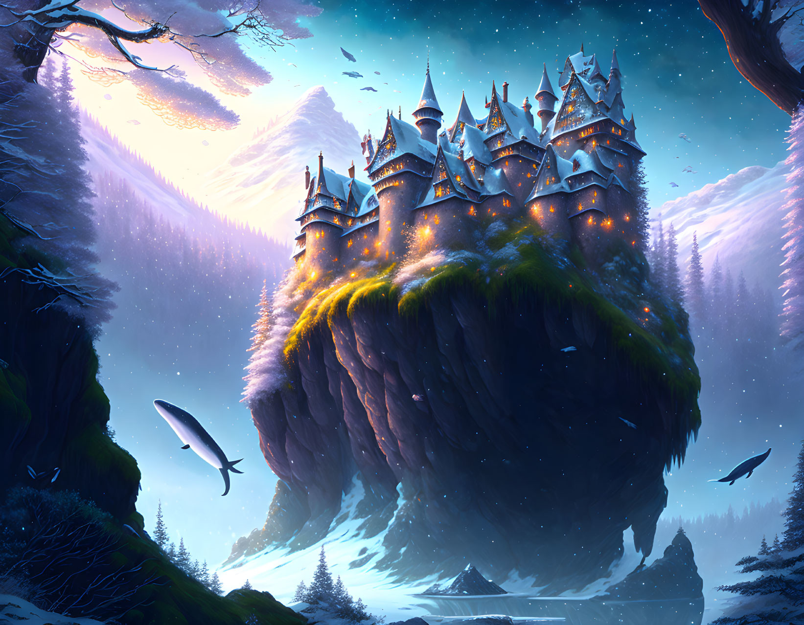 Enchanting castle on floating island with glowing edges, snow-covered trees, flying whales, and icy