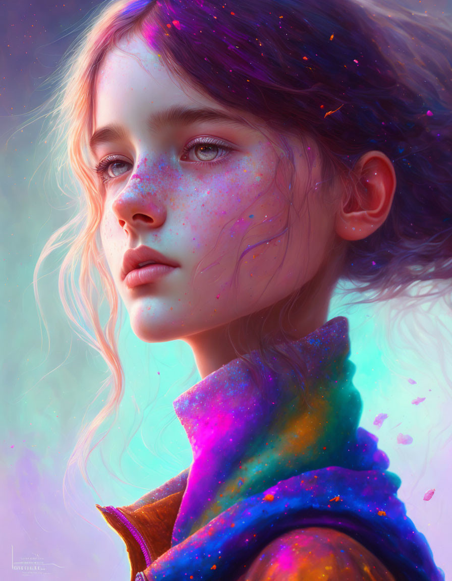 Young girl with blue eyes and colorful freckles in cosmic aura.