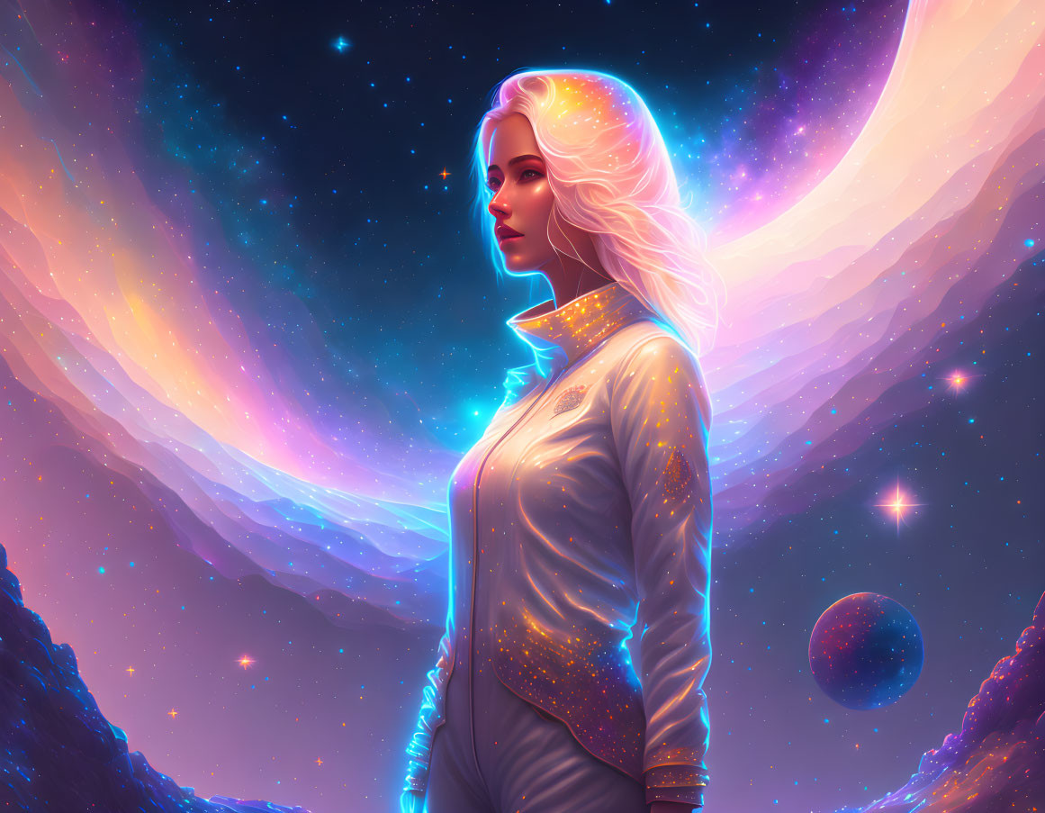 Digital artwork of woman with luminescent hair in cosmic setting