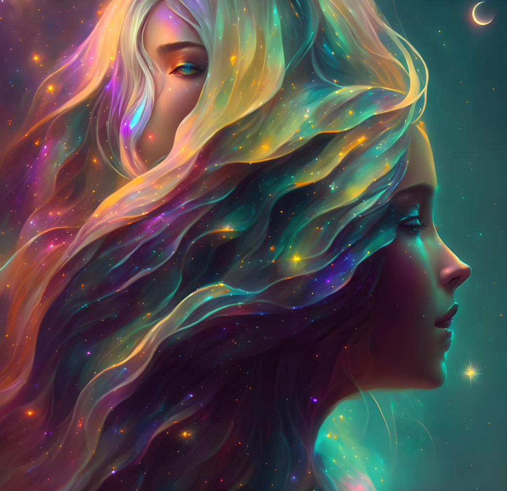 Colorful Starry Hair Blended with Cosmic Background