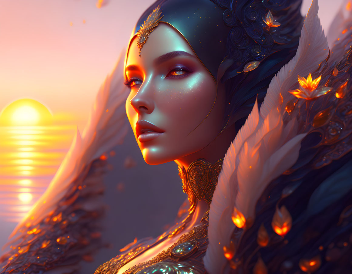 Mystical woman with golden embellishments in sunset scene