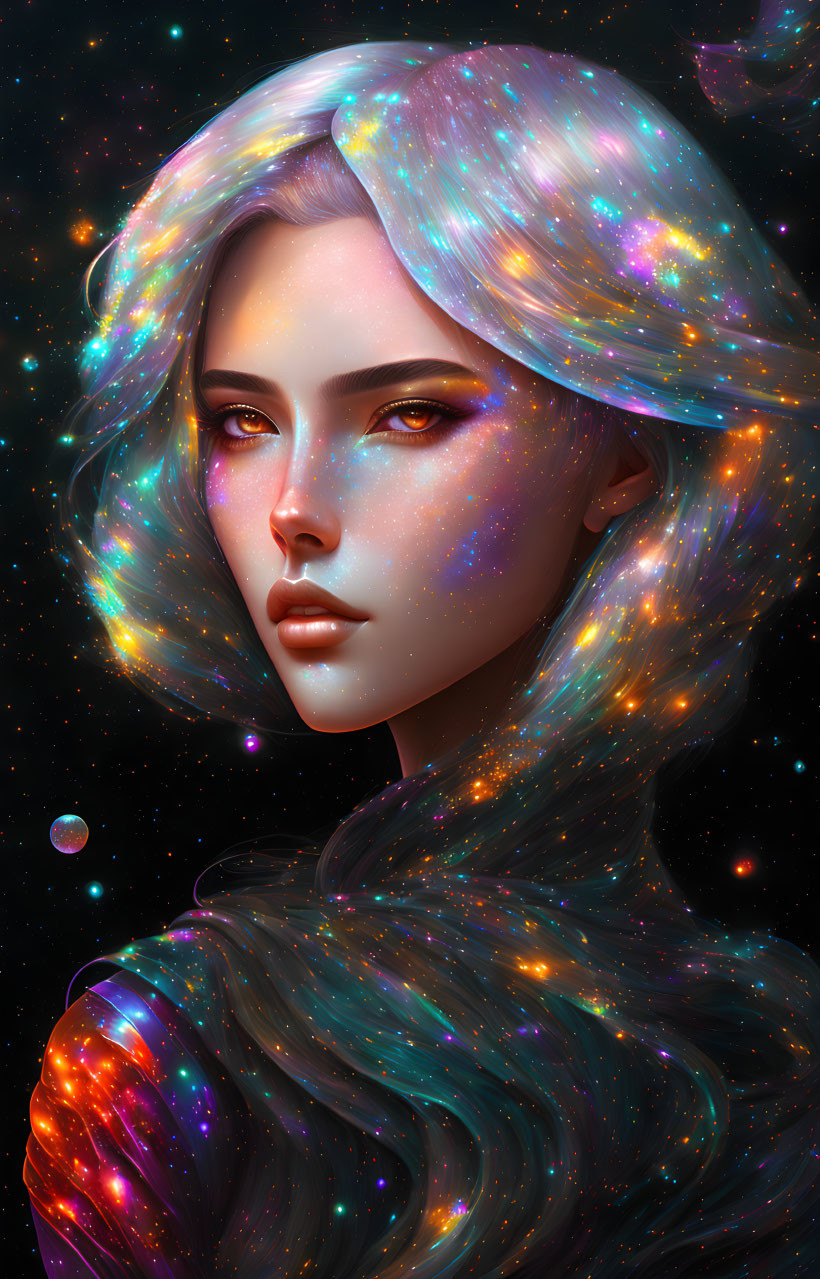 Cosmic Hair Woman Portrait Against Starry Background