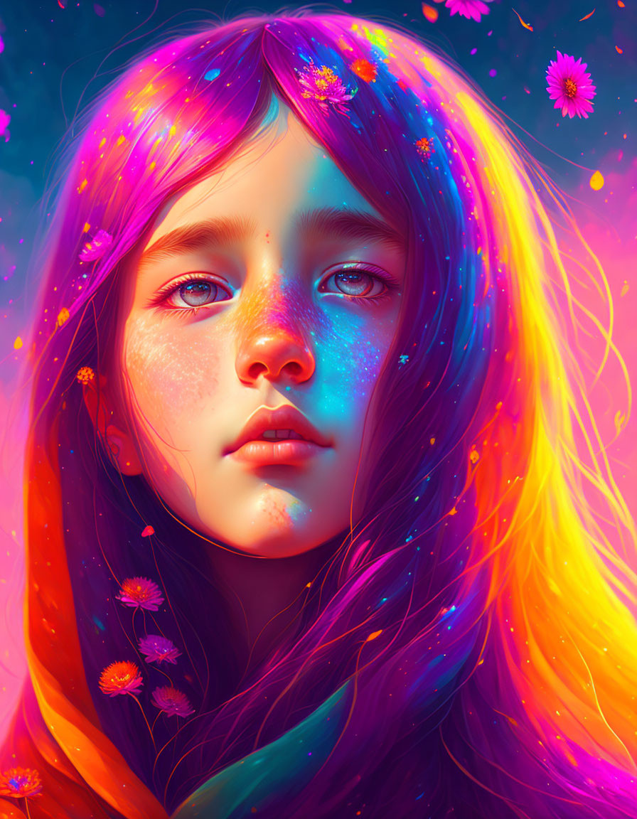 Colorful digital portrait of young girl with multicolored hair and red scarf.