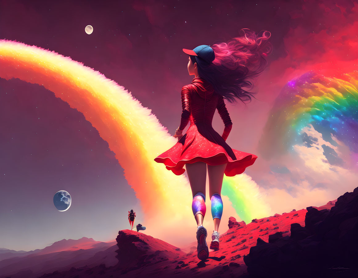 Woman in red dress and galaxy leggings walking towards rainbow bridge in surreal landscape with red sky and two moons