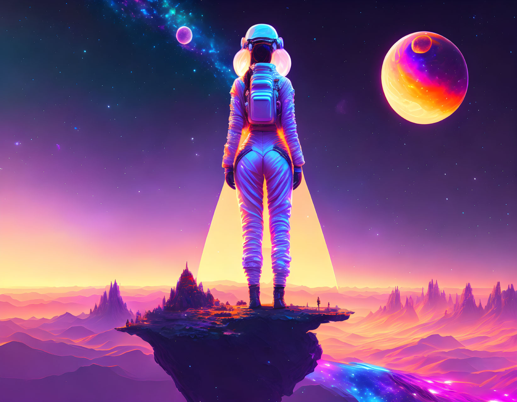 Astronaut on floating rock above purple alien landscape and starry sky