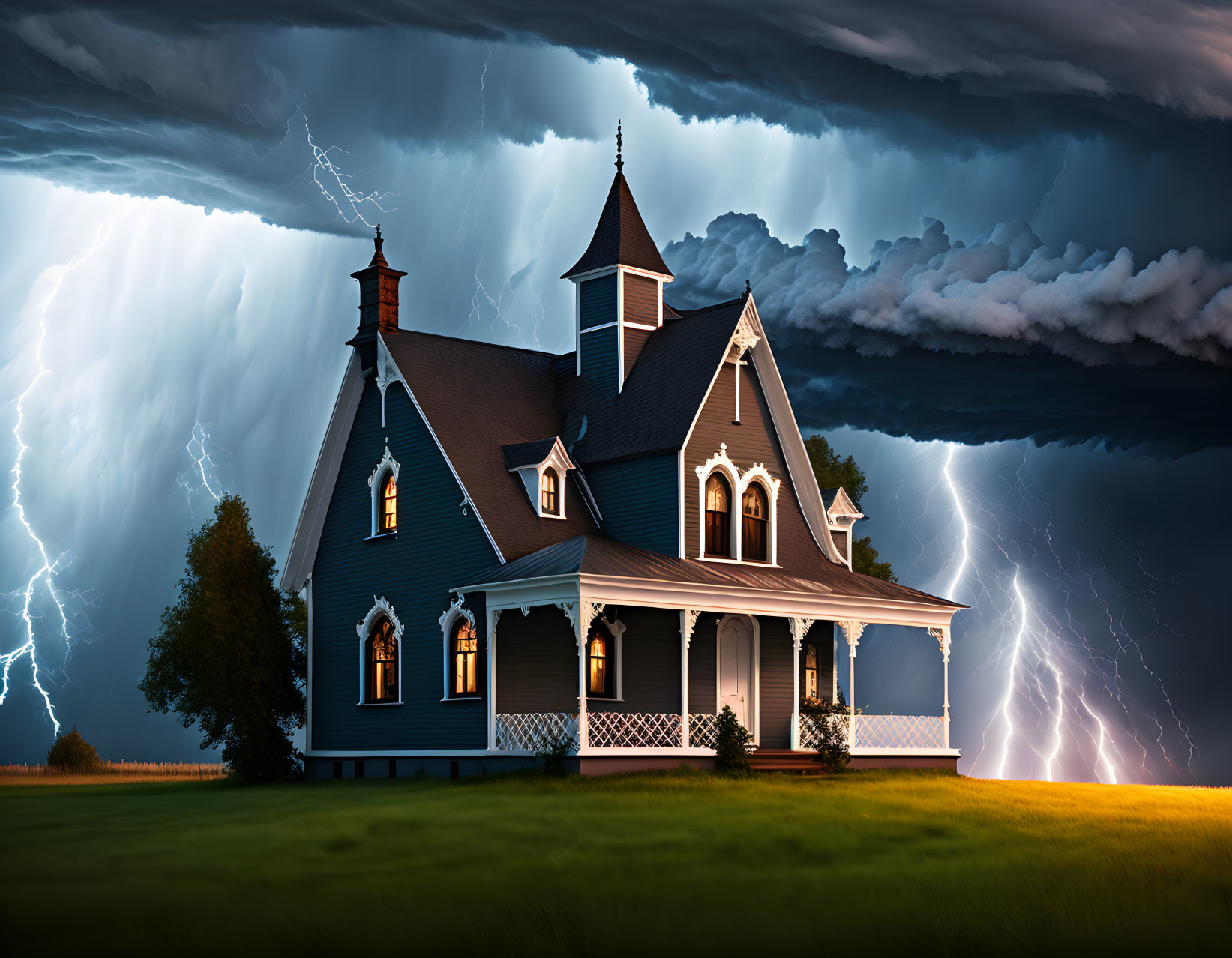 Victorian-style house with porch under dramatic sky with lightning bolts