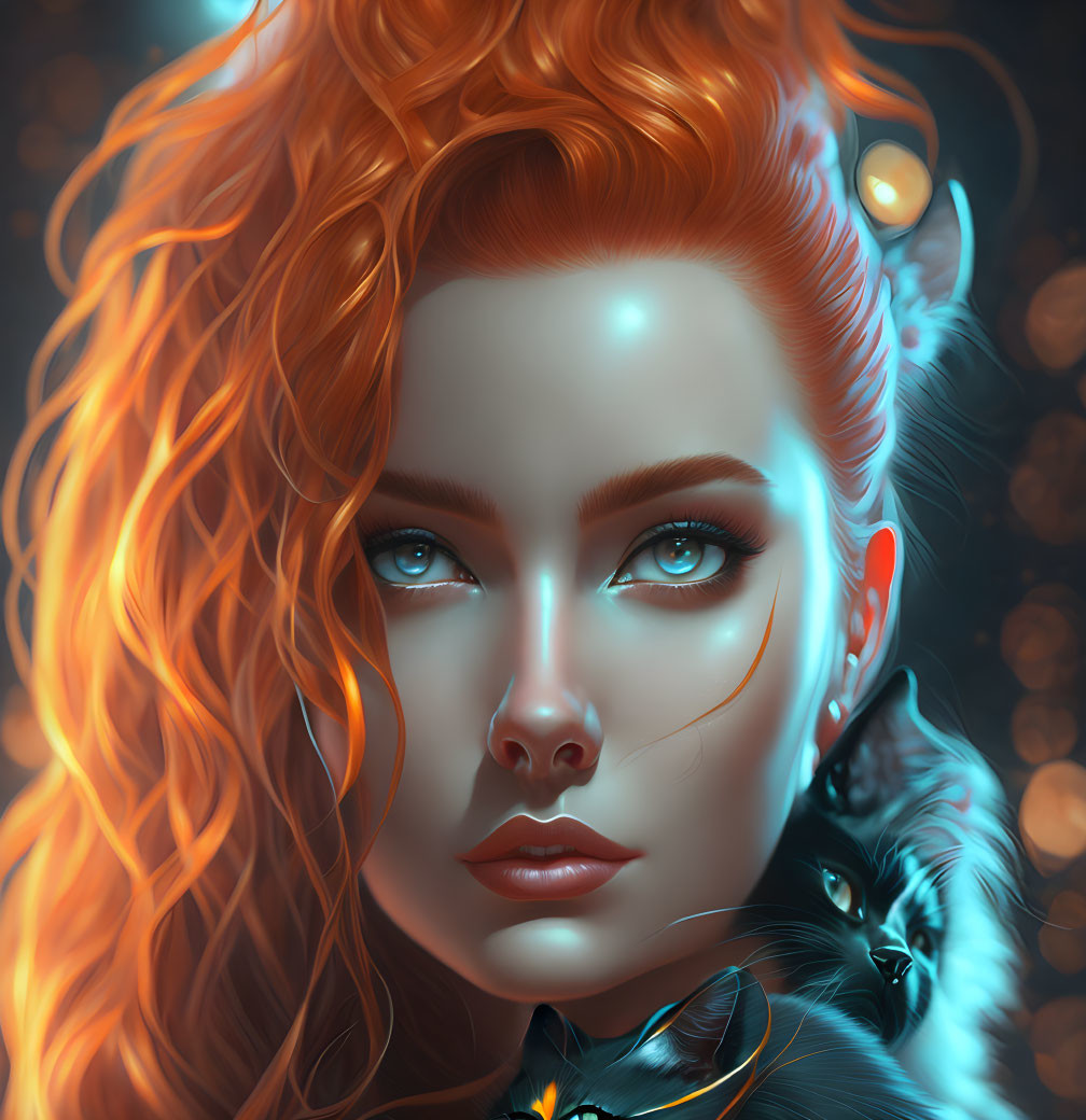 Digital painting of woman with fiery red hair and blue eyes, accompanied by small black animal.