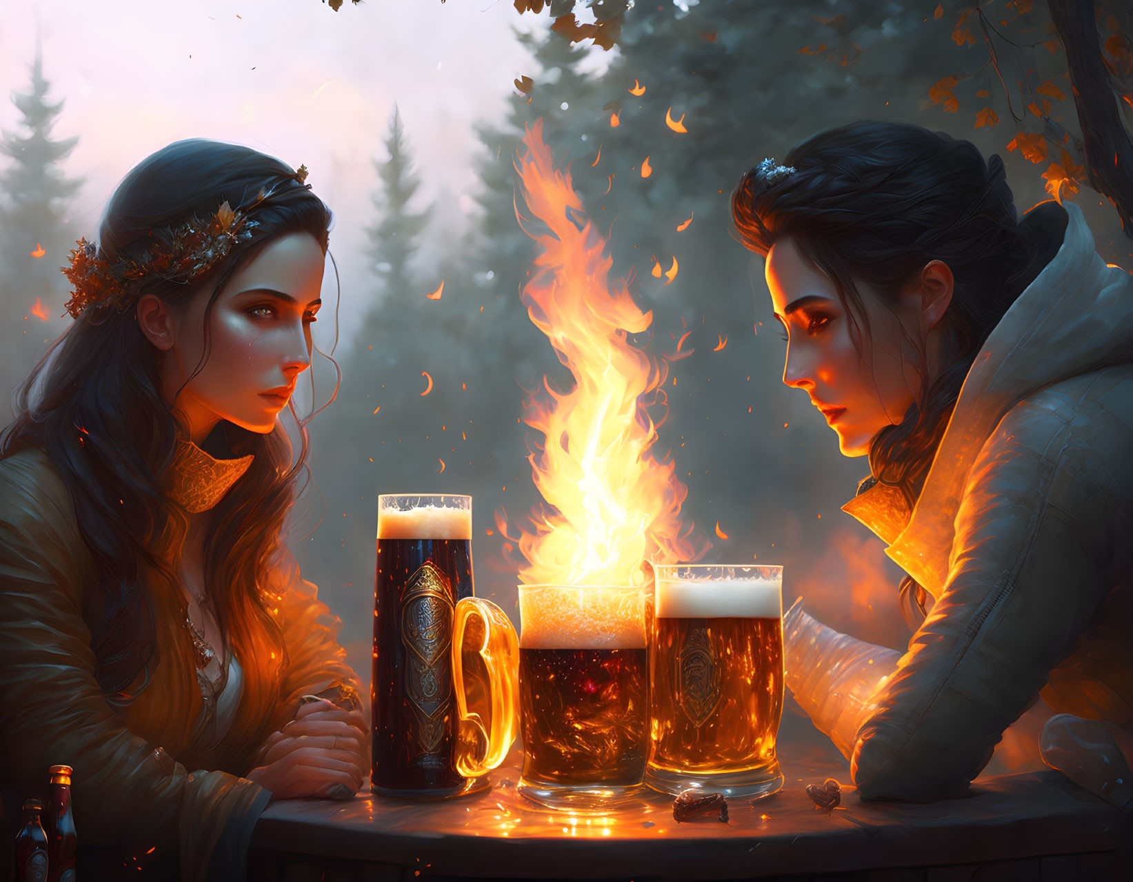 Fantasy characters at campfire in autumn forest with ale
