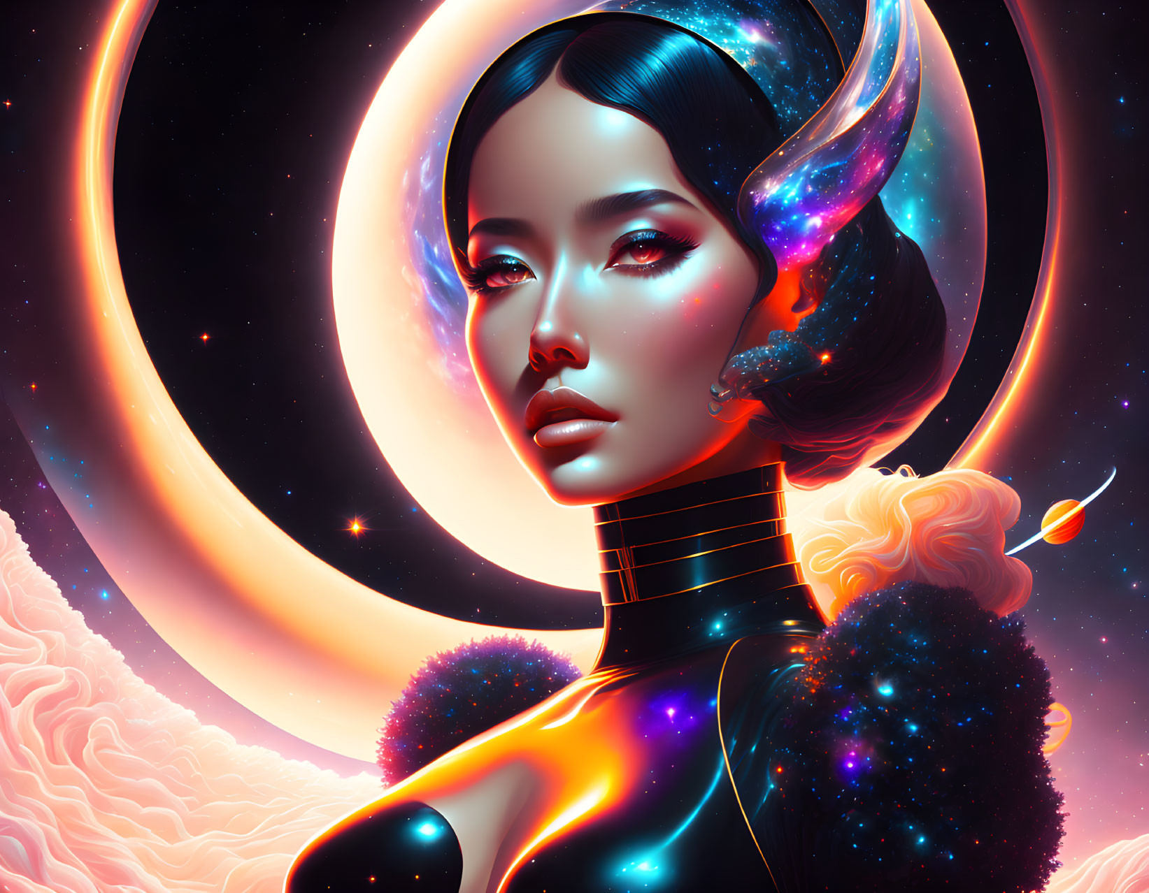 Colorful Futuristic Portrait of Woman with Cosmic Theme