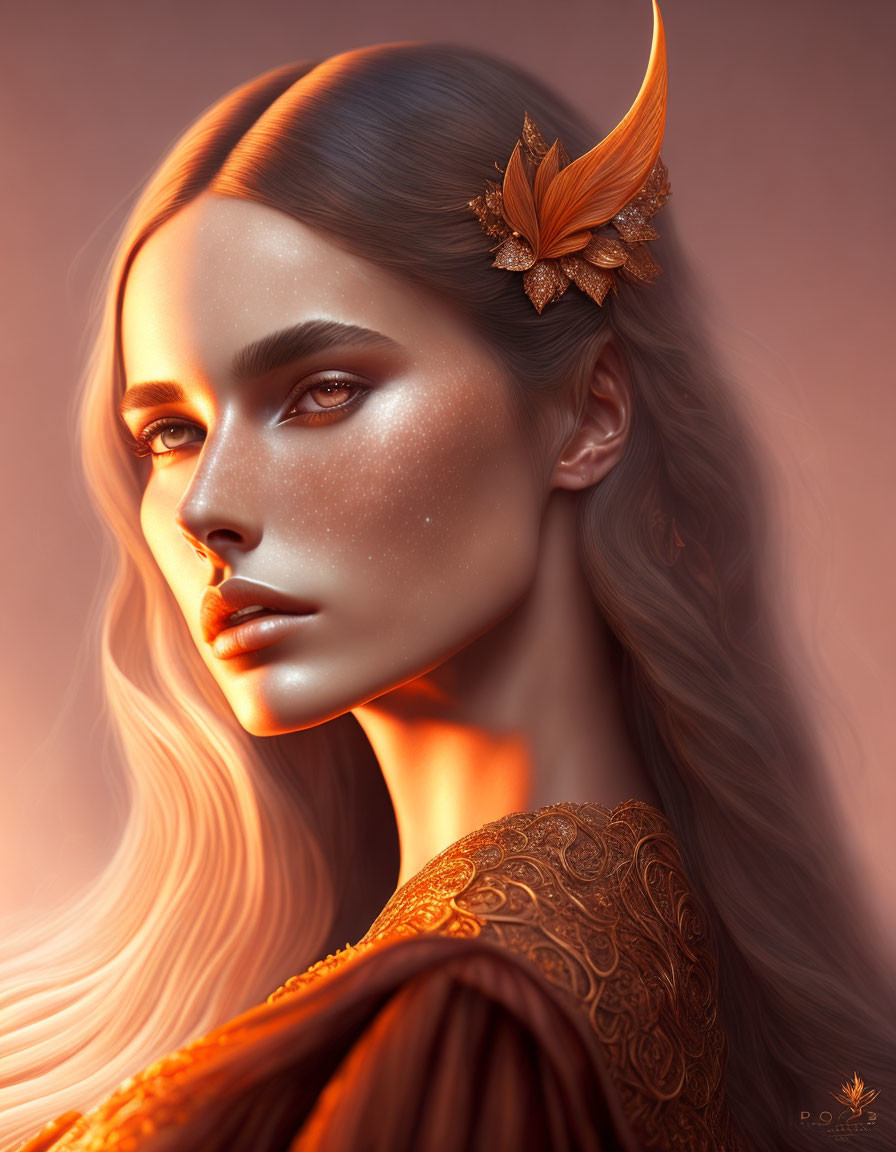 Digital portrait of a woman with luminous skin, elfin ears, golden leaf hair accessory, and
