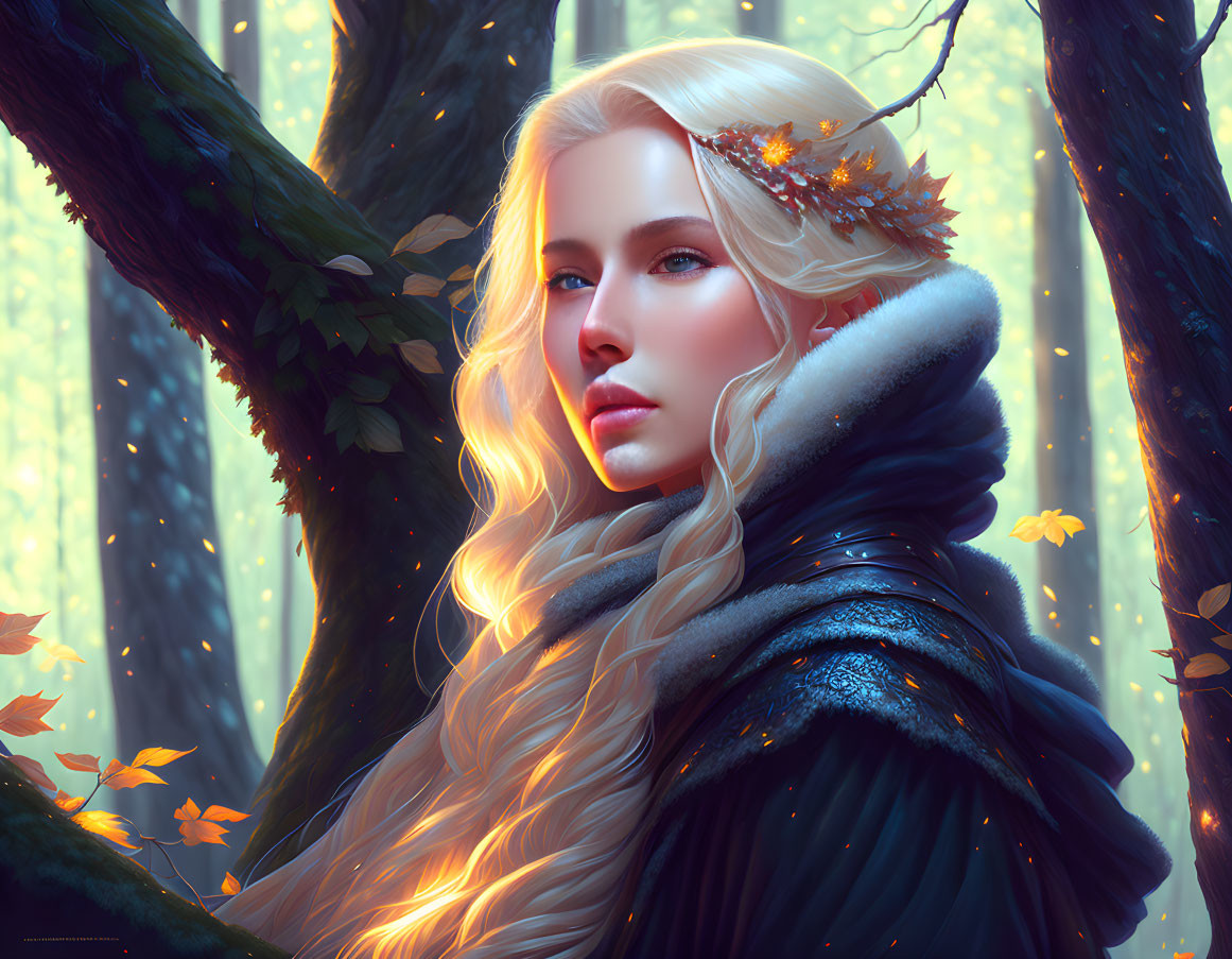 Blonde Woman in Fur Cloak in Enchanted Forest