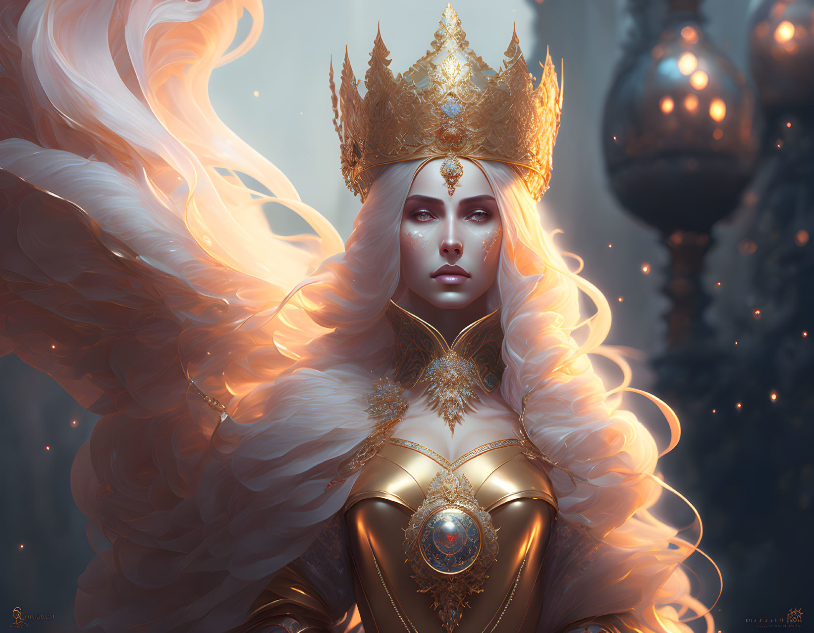 Regal figure with white hair, golden crown, and mystical gem in ethereal forest