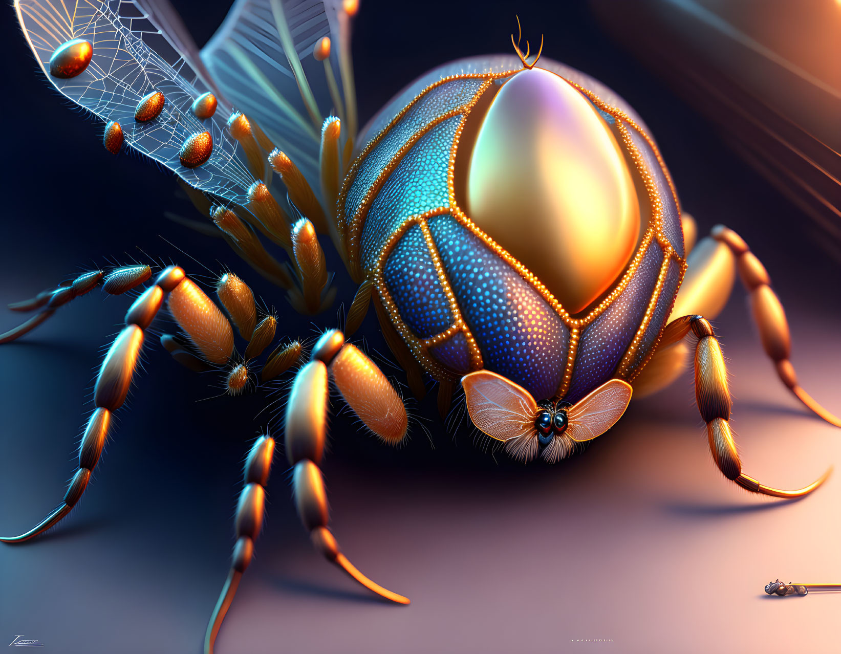 Vibrant futuristic spider artwork with blue and orange hues