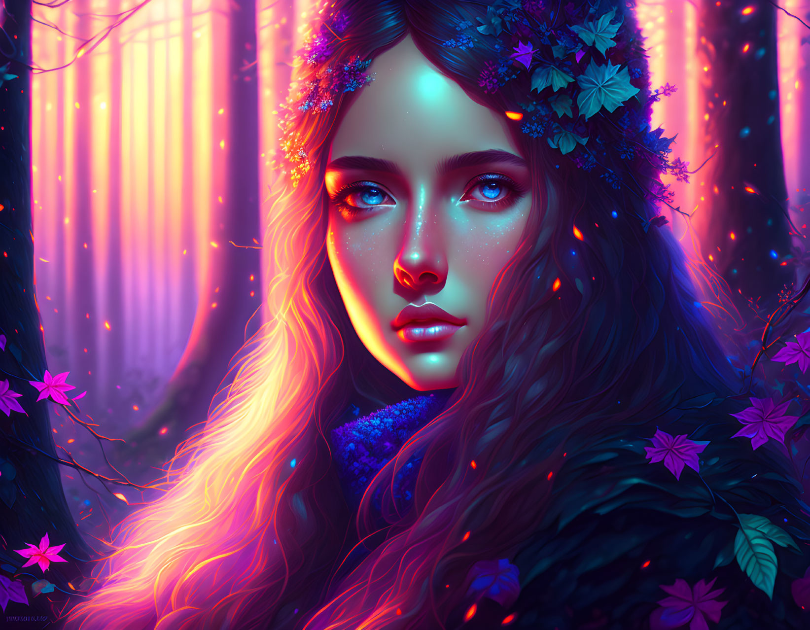 Digital portrait of woman with floral adornments in enchanted forest with blue eyes & purple-pink hues